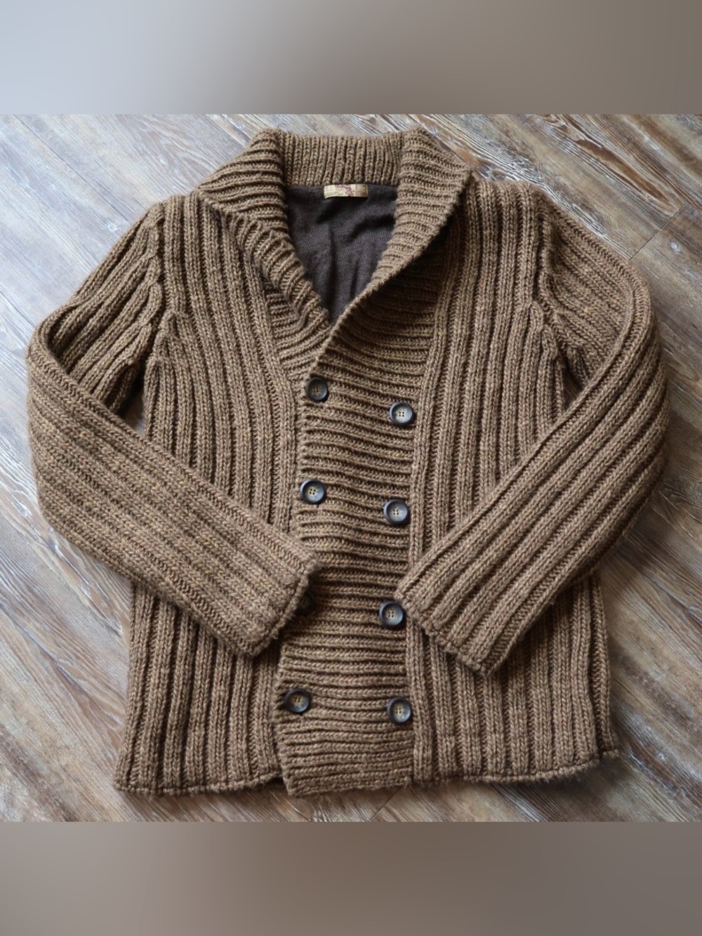 Rustic Brown Bohemian Knit Cardigan Shawl Collar Wool Blend Heritage Womens L